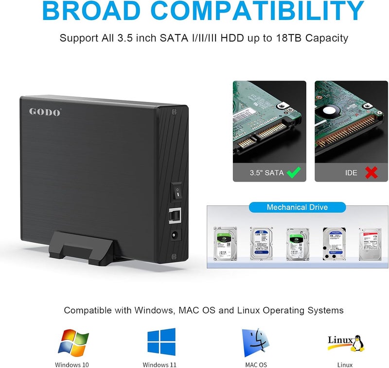 Godo حافظة القرص الصلب 3.5 بوصة USB 3.0، قاعدة عمودية خارجية مع حامل للقرص الصلب SATA HDD SSD 3.5 بوصة، علبة محرك من سبائك الألمنيوم تدعم حتى 18TB مع UASP، محول طاقة - Image 3